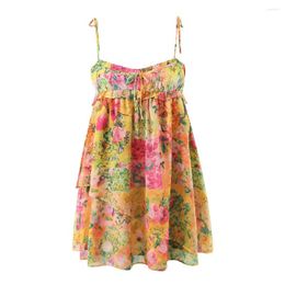 Casual jurken dames strik vetersluiting sling gewaad vakantie BOHO ruches op de borst oranje bloemenprint spaghetti mini-jurk