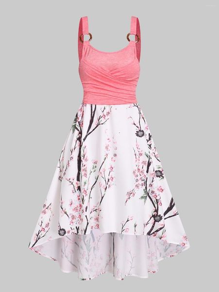 Robes décontractées Femmes Cami Floral Imprimer Genou Longueur Robe Sans Manches Fleur De Pêche Fleur Robe D'été Haut Bas Crossover O Ring Robe