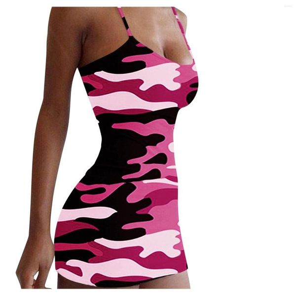 Vestidos casuales Mujeres Camuflaje Estampado Sexy Ajustado Sin mangas Sling Bag Vestido de cadera para mujer 2023 Verano de una pieza