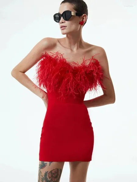 Robes décontractées femme célébrité luxe sexy plume plume rouge midi bodycon robe en soirée performance vestido