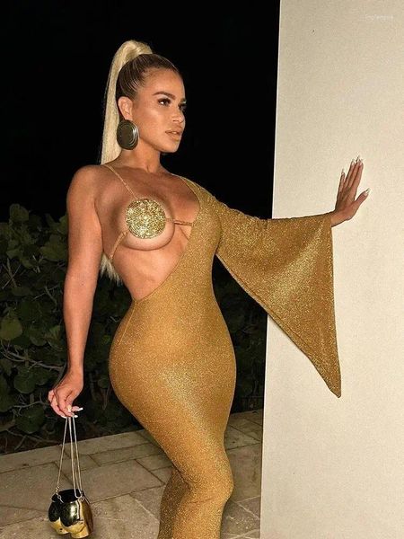 Robes décontractées Femmes Celebrity Sexy Une épaule à manches simples Sparkly Gold Midi Bandage Robe 2023 Élégant Soirée Club Party