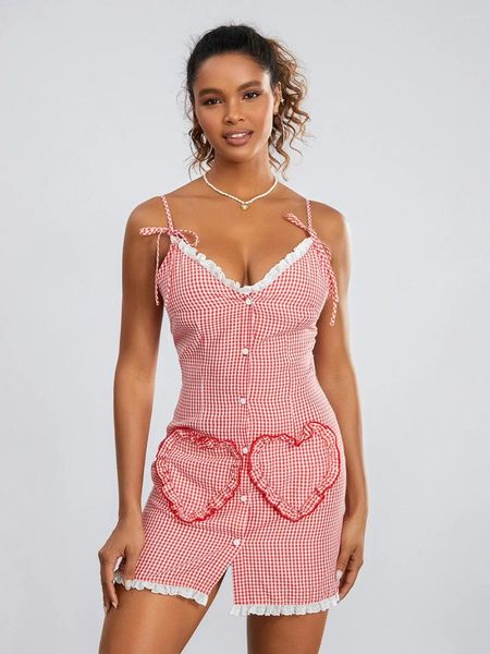 Robes décontractées Femmes Chemise Chemise de nuit Dentelle Garniture Plaid Spaghetti Sangle V-Cou Dos nu Cami Robe Chemise de nuit Vêtements de nuit Slips Nuisette