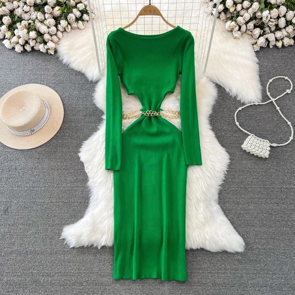 Vestidos casuales Mujeres Chic Elegante O Cuello Hollow Out Bareback Manga larga Vestido ajustado Sexy Moda Punto Elástico Slim Hip Wrap