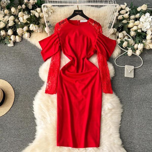 Vestidos casuales mujeres elegante encaje elegante manga larga bodycon vestido sexy sólido moda vestidos otoño invierno delgado lápiz falda