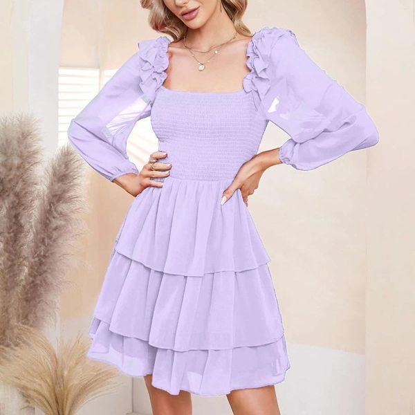 Vestidos casuales Mujeres Mini vestido de gasa Falda de pastel elegante Vintage Cuello cuadrado Slim Fit Manga larga Sundress Light Purple Fairy Streetwear