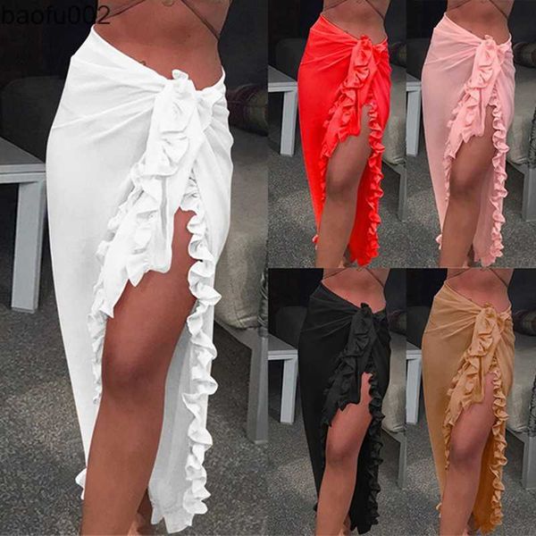 Vestidos casuales Mujer Gasa Transparente Playa Bikini Cubrir Envoltura Bufanda Traje de baño Pareo Sarong Vestido Sólido Ruffle Casual Vestido de playa W0315