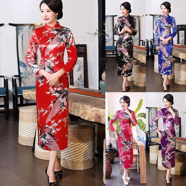 Vestidos casuales Mujeres Chino 3/4 Manga Pavo real Largo Split Cheongsam Etapa Show Midi Slim Vestido Novia Boda Elegante Parte de noche