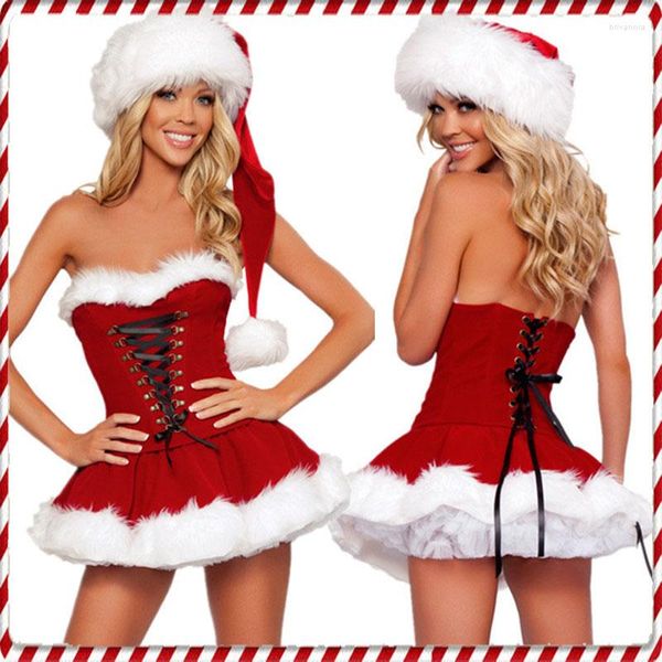 Vestidos casuales Mujeres Disfraces de Navidad Traje Fiesta de Navidad Sexy Vestido de terciopelo rojo Cosplay Traje de Papá Noel Traje S-XL