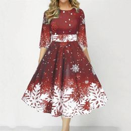 Robes décontractées Femmes Robe de Noël Rétro Flocon de neige Graphique A Swing Col rond Demi-manche Longue Une pièce Robes Para Mujer