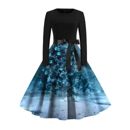 Vestidos casuales Mujeres Navidad Impresión Flare Vestido Manga larga O-cuello Fiesta Negro Swing Sukienka Dlugi Rekaw Damska