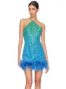 Robes décontractées Femmes Noël Sexy Dos Nu Halter Celebrity Mesh Paillettes Plume Bleu Mini Robes Élégant Soirée Club Robe