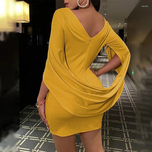 Vestidos casuales Mujeres Capa Vestido de manga Fiesta 2023 Runched Long Slim Fit Club Bodycon Mini Wear Amarillo Negro Elegante