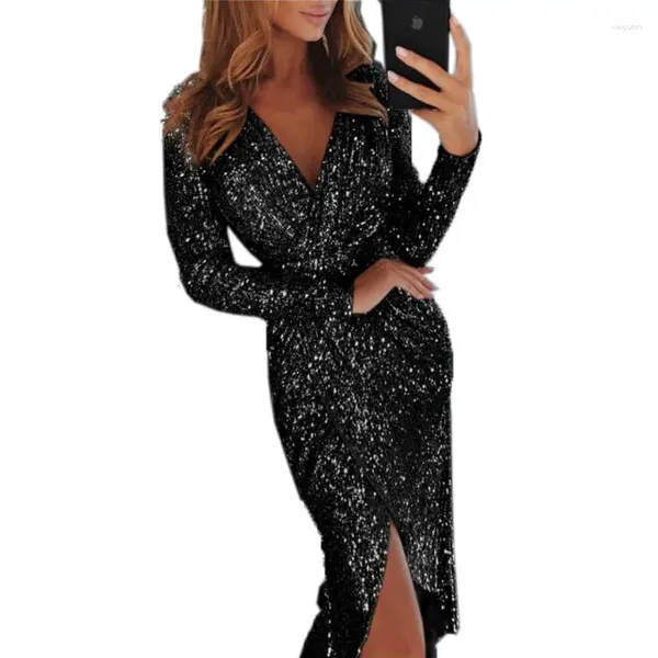 Robes décontractées Femmes Vêtements Moulante Dames Bronzage À Manches Longues Col En V Brillant Sparkling Robes Dîner Robe Sexy TL34