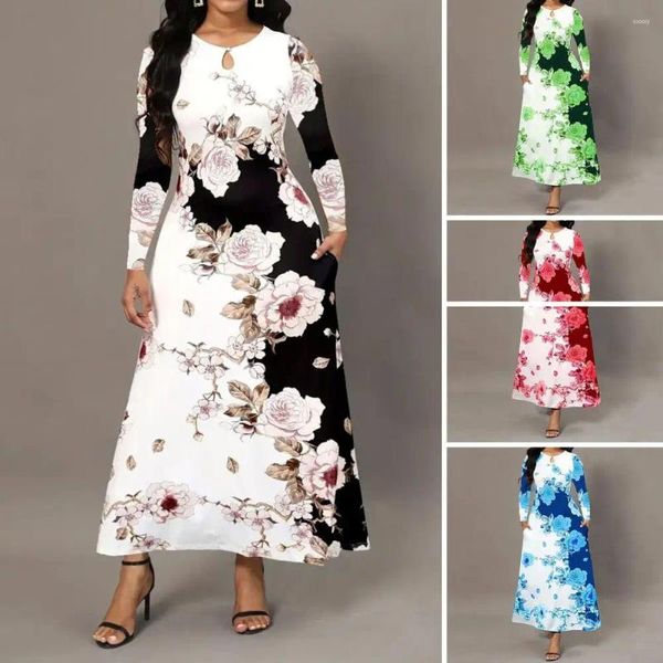 Robes décontractées Femmes Vêtements Fleur Imprimer A-ligne Maxi Robe avec manches longues Poches pour la fête de bal des femmes avec ourlet lâche serré