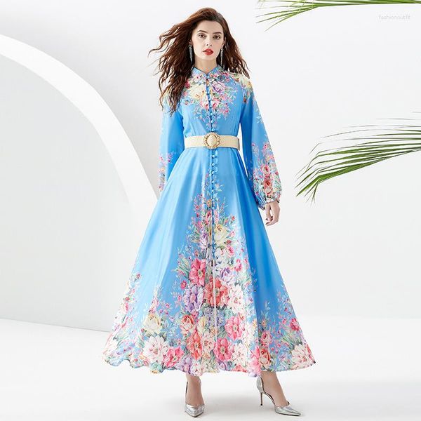 Robes décontractées femmes vêtements grande balançoire ceinture lâche robe à manches longues été mode imprimer Maxi Vestidos féminité vacances 2023