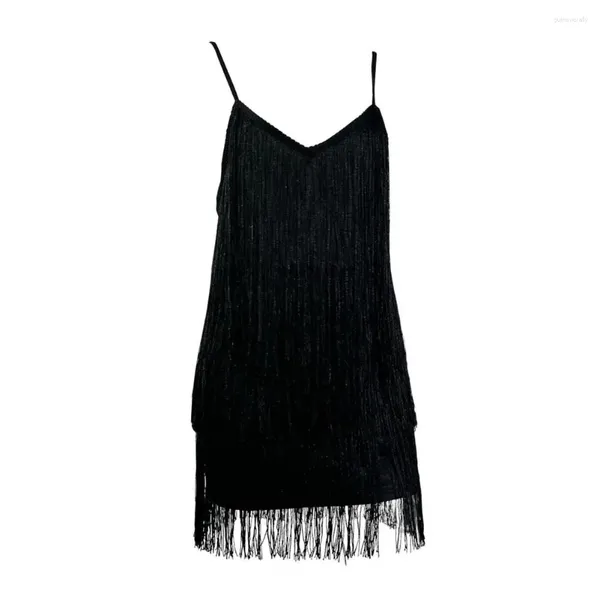 Robes décontractées Femmes Club Robe Élégante Danse Latine Mariage Mini avec Brillant Gland Fringe Bretelles Spaghetti Pour Dos Nu Slim