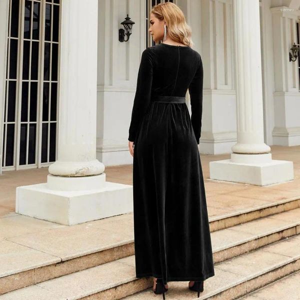 Robes décontractées Femme Robe de cocktail élégante Vintage A-line Maxi avec la taille serrée à manches longues en velours doré plissé ceinturé pour la demoiselle d'honneur