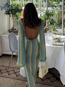 Casual Jurken Vrouwen Contrast Backless Maxi Jurk Elegante O Hals Rechte Flare Lange Mouw Vestidos Mode Sexy Vakantie Feestgewaden