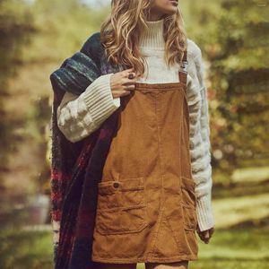 Casual Jurken Dames Corduroy Rechte Overall Bib Jurk Effen Kleur Zakken Mouwloze Jarretel Overgooier Verstelbare Bandjes