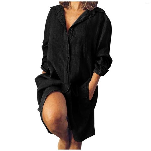 Robes décontractées femmes coton et lin chemise robe boutonnée col en v à manches longues avec poche longueur au genou chic côté à lacets mini