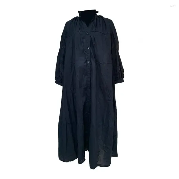 Robes décontractées Femmes Robe en lin de coton élégant col montant maxi avec détail patchwork conception de col en v pour toute la longueur à manches longues