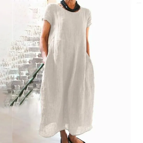 Robes décontractées Femme Robe en lin en coton Verbe maxi couleur continue manche courte longue avec une poche blanc confortable tunique pour l'automne