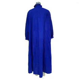 Robes décontractées Femmes Coton Robe en lin Couleur unie à manches longues élégante col montant maxi avec patchwork détaillant complet pour