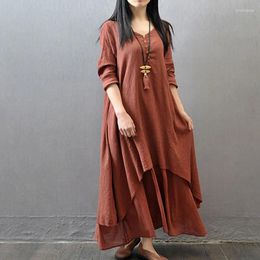 Robes décontractées Femmes Coton Lin Robe Printemps Été Souhait Artistique Lâche Manches Longues Boho Sundress Mode Col V Style Asual
