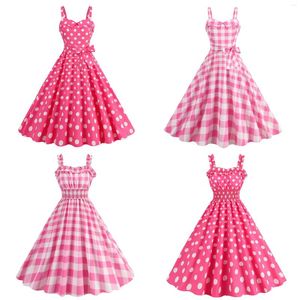 Casual jurken vrouwen schattige roze riem elastisch taille feest polka dot plaid print verjaardagjurk voor