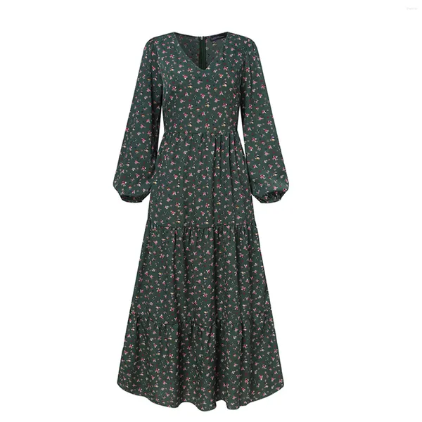 Robes décontractées Femmes quotidiennes d'automne hiver longue manche V couche maxi robe flux une ligne lâche imprimement floral grand ourlet fesse de bureau