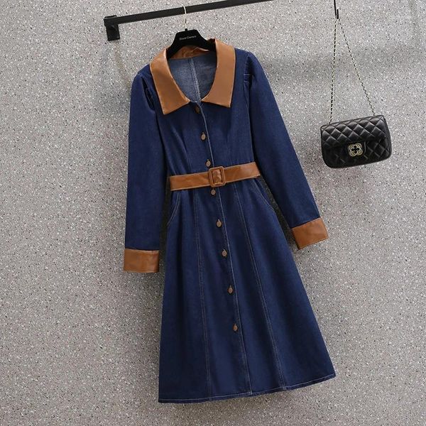 Robes décontractées Femmes Denim Quotidien Slim Manches longues Ceinture Longueur genou Solide Bureau Dame Grande Taille Élégante Mode Chic Robe