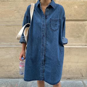 Casual Jurken Vrouwen Denim Jurk Losse Lange Mouwen Wassen Shirt Lente Herfst Franse Retro Revers Solid Single Breasted Jean