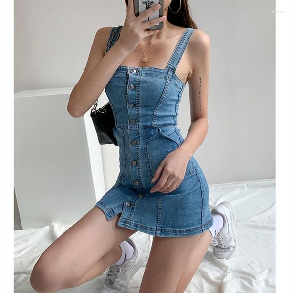 Robes décontractées Femmes Denim Robe Été Sexy Bretelles Skinny Jupe Courte Bleu Mode Coréenne Classique Streetwear Un Mot Col Jean