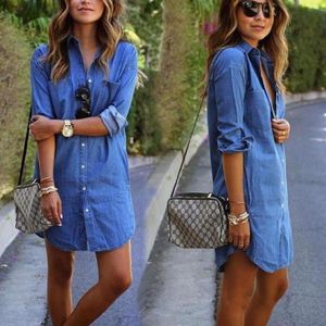 Robes décontractées Femmes Denim Poches Élégant Cowboy Mode Feminino Lady Slim Chemise Robe Jeans