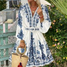 Casual jurken dames designer jurk lente zomer jurk print lange lantaarn mouw v nek korset slanke knop geplooide vakantie feestdress bohemian jurken