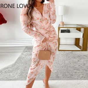 Robes décontractées femmes disty motif floral col en V manches bouffantes asymétrique fronces évider midi sexy fête robe en mousseline de soie