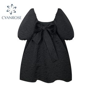 Casual Jurken Damesjurk 2021 Zomer Vintage Elegante Temperament Baljurk Puff Sleeve Hoge Taille Backless Black Puffy Short Lady