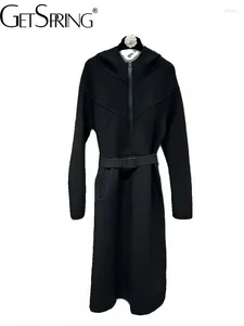 Robes décontractées Femmes Hobe 2024 Spring à capuche à capuche Full Sleeve haute taille noire vintage Tous correspondent au fond mince