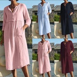 Robes décontractées Femmes Robe 4XL Couleur unie Demi manches Poches Boutons Coton Lin Lâche Midi Dames Boho Robe d'été Vesti