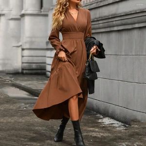 Robes décontractées Femmes Robe A-Line Plissée Patchwork Lady Serrée Taille Haute Taille Longue Manches Longues Longueur Mi-mollet Automne Printemps Midi