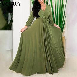 Robes décontractées femmes robe automne solide col en V plissé VONDA 2023 printemps à manches longues Baggy Maxi Vestidos Femme