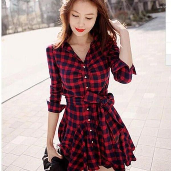 Robes décontractées Femmes Robe Automne Hiver Plaid Rouge Vintage Party Slim Fit Chemise Mini Robe Vêtements Pour Femmes