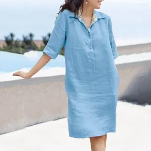 Robes décontractées Femmes Robe élégante longueur au genou A-ligne Midi avec manches trois-quarts revers pour couleur unie douce printemps été