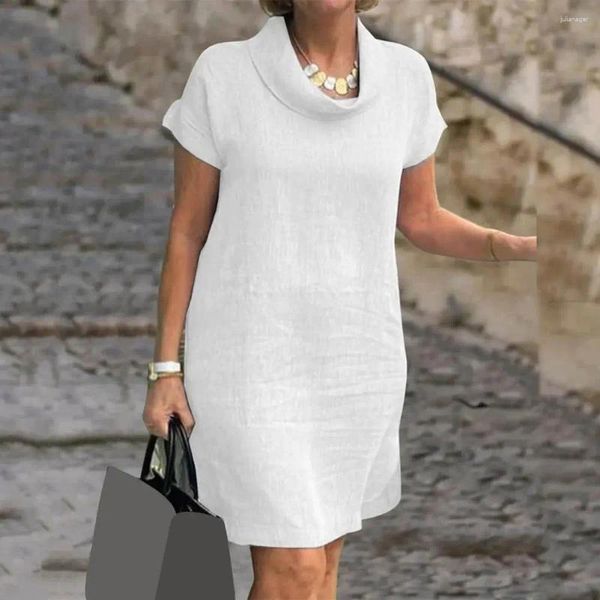 Vestidos casuales Vestido de mujer elegante bufanda collar midi para suave longitud de rodilla suelta verano con mangas cortas traje de viaje