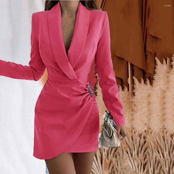 Robes décontractées Femmes Robe d'automne élégante pour femmes avec col en V fausse boucle coupe ajustée couleur unie bureau vêtements de travail à manches longues taille haute