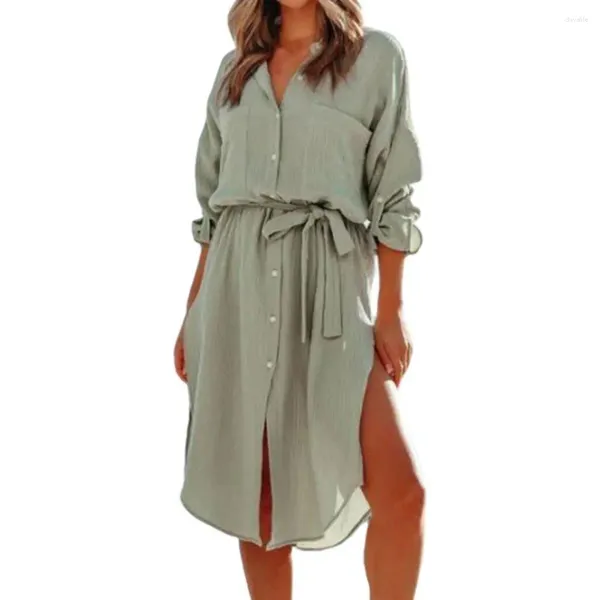 Robes décontractées Femmes Robe Mode Chemise Longue Manches Revers Femme Cardigan Solide Collier Turn-Down Simple Taille Serrée Été