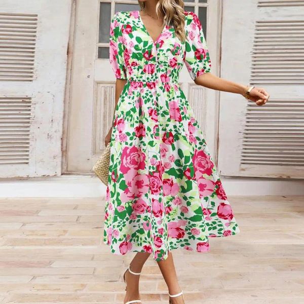 Robes décontractées Femmes Robe Floral Imprimer Taille serrée élastique à manches courtes Col V A-ligne Big Swing Bohemian Summer Beach Vacances Mi-mollet