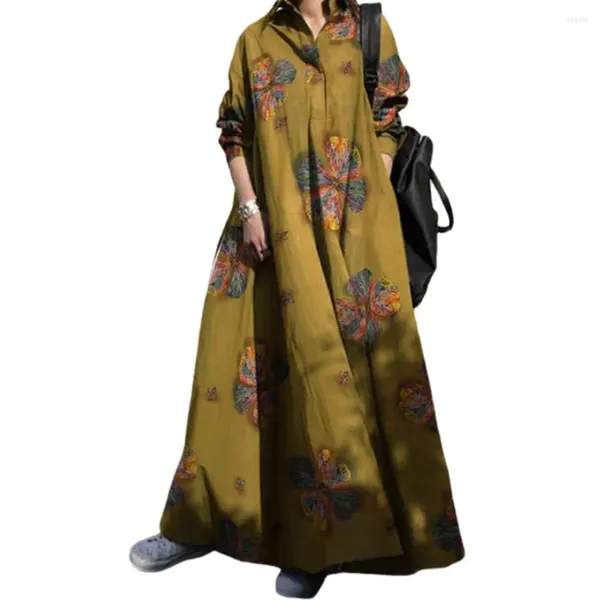 Robes décontractées Femmes Robe Floral Print Style ethnique pour avec col rabattu manches longues a-ligne cheville