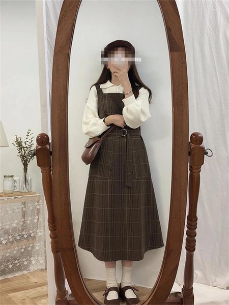 Vestidos casuales Vestido de mujer Niñas Invierno Otoño Fiesta Mujer Vintage Sundress Brown Plaid Long Robe Vestido Preppy