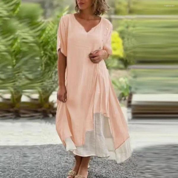 Vestidos casuales Vestido de mujer Tela ligera Midi de mujer elegante con decoración de botones de cuello en V Color de contraste de dos piezas para el verano
